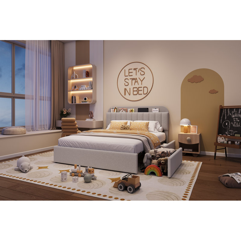 Cadre de lit avec 2 tiroirs de rangement, cadre de lit pour enfant avec tête de lit de rangement, cadre de lit rembourré