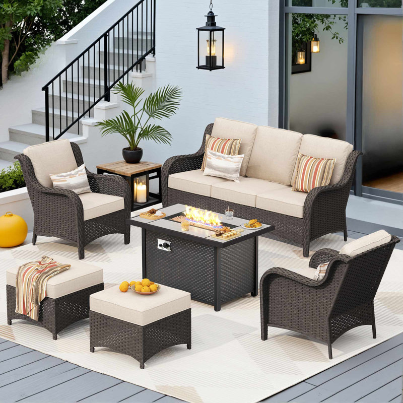 7-Person Outdoor High Back Seating Group With Cushions And Fire Pit,All-Weather Wicker Patio Set, Beige