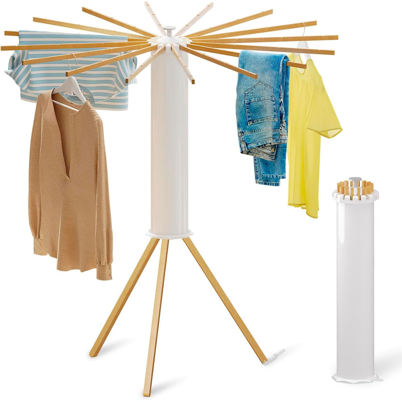 Cylinder Tripod Drying Rack - 16 Rods, Large Round, 360° Rotatable, 46" H x 44" W x 44" D, Brown/White