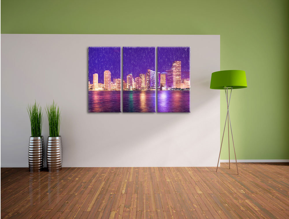 3-tlg. Leinwandbilder-Set „Schöne Nacht-Szene Skyline von Miami Florida“, Grafikdruck