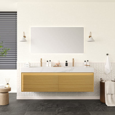Meuble-lavabo flottant 60 po, lumière à capteur, plateau en pierre frittée blanc de Carrare et lavabo encastré en céramique, pré-assemblé, grain de bois clair