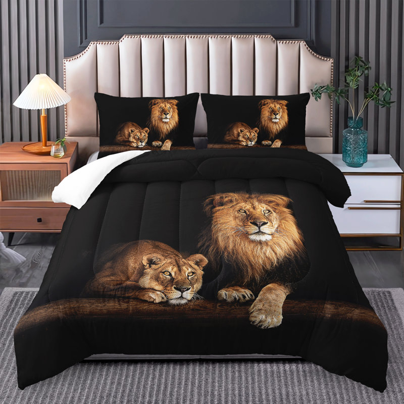 Ensemble d'édredon lion, ensemble de literie à thème lion avec 2 taies d'oreiller, literie douce et lavable à la machine, édredon toutes saisons pour le décor