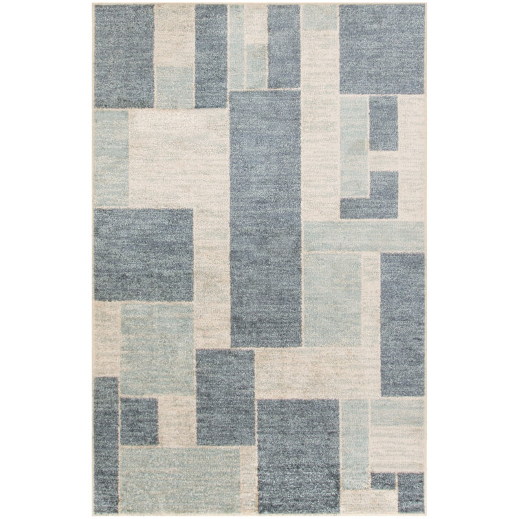 Borisas Geometric Machine Washable Polyester Area Rug in Blue/Ivory