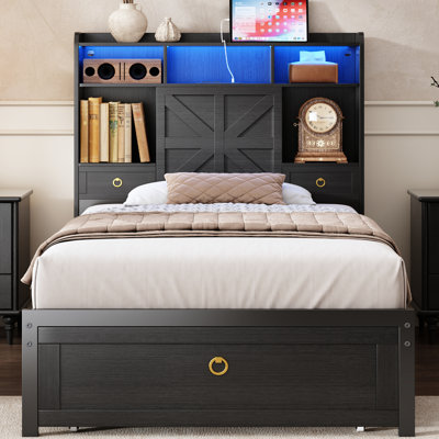 Twin Size Farmhouse Industrial Storage Bed with Extra Lager Footboard Drawers and Storage Headboard, USB&AC Charging Station, APP & Remote RGB Lights, Noise-Free, No Box Spring Needed, Platform Bed