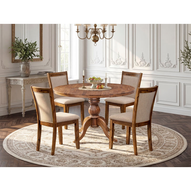L'ensemble de table de cuisine 5 pièces comprend une table de salle à manger en bois à piédestal et 4 chaises de salle à manger en lin brun clair avec dossier rembourré - noyer antique