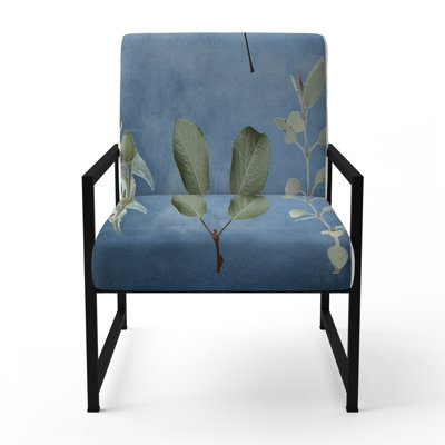 Vintage Botanicals Abstract Leaves Retro Blue V - Upholstered Contemporary Arm Chair, Botanical Abstract Accent Chair