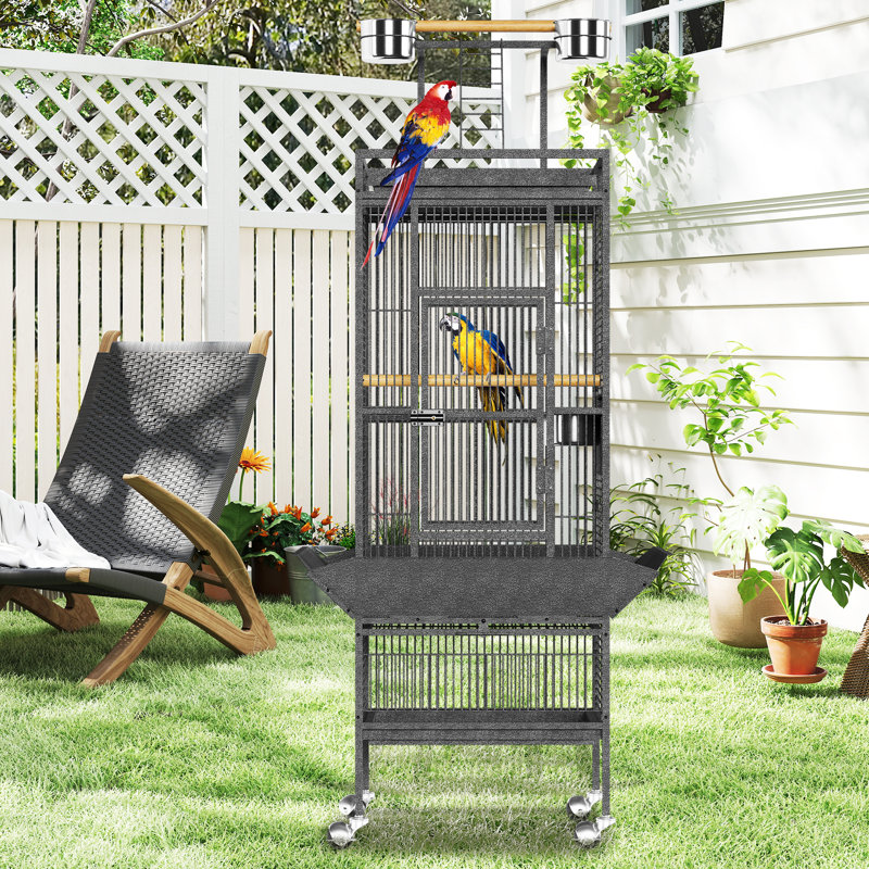 Cage à cocktail 61 ", cage de vol avec support roulant, plateau de jeu et bols - grandes cages à oiseaux en métal pour perruches, conures, perroquets - argent éclatant