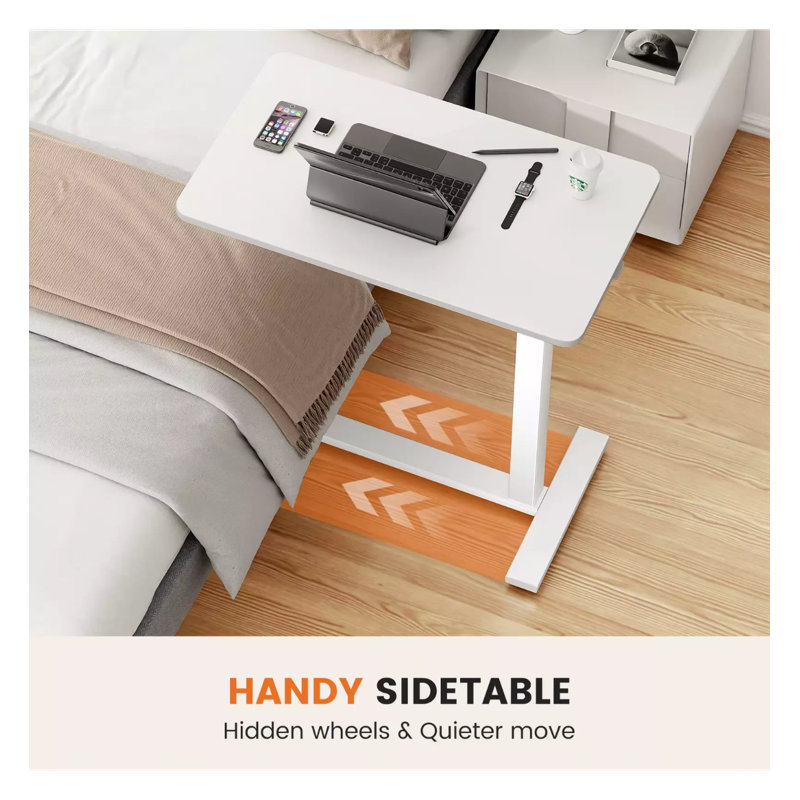 Overbed Bedside Sofa Table with Hidden Wheels Adjustable Height for Bedroom Desk, White