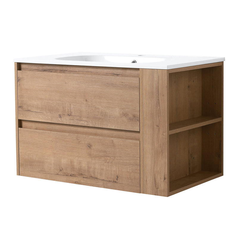 Meuble-lavabo mural simple 29,7 po avec plateau en gel Livleen, Imitation chêne