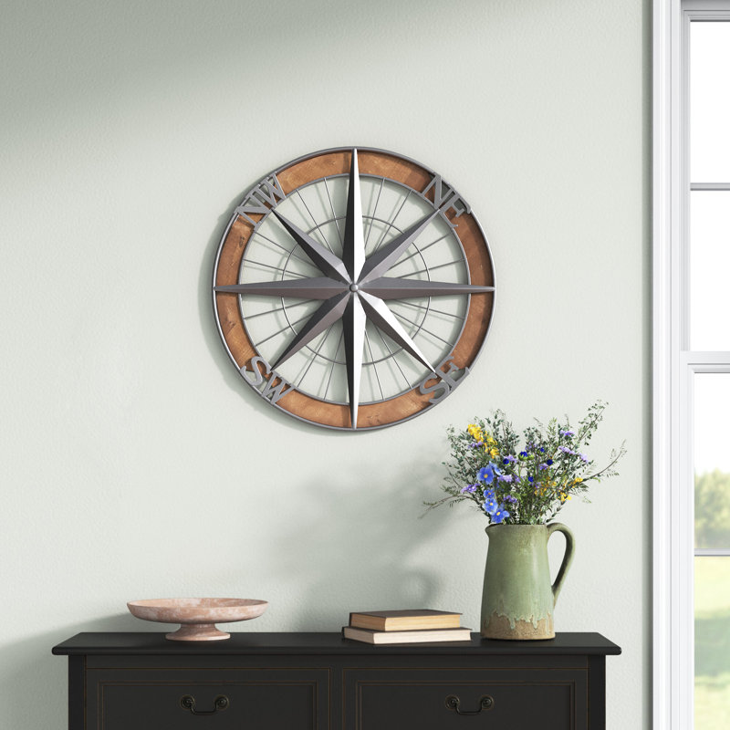 Metal Compass Sign Home Wall Decor with Wood Frame