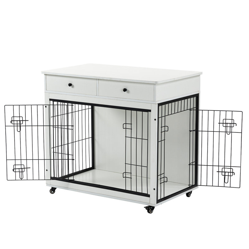 Caisse en bois pour chien avec tiroir, Moyen (H 35 po x l 38,40 po x P 23,30 po), Blanc