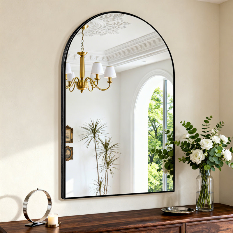 Juny Arched Bathroom Aluminium Arch Wall Mirror, Black, 1
