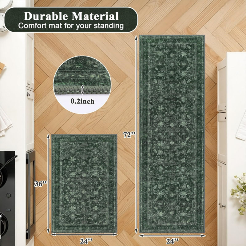 Non-Slip Washable Farmhouse Kitchen Rug Set of 2, Rubber Bottom, Green