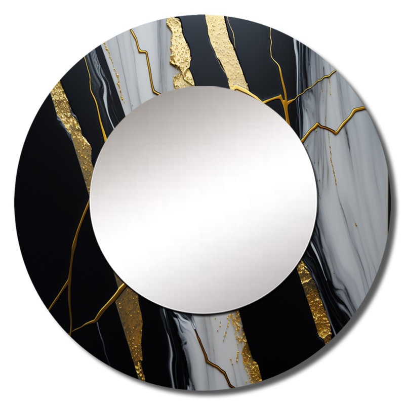 Shrivas Abstract Geode Black II - Marble Decorative Mirror, Modern Large Round Wall Mirror, Printed Metal Art, 29" x 29"