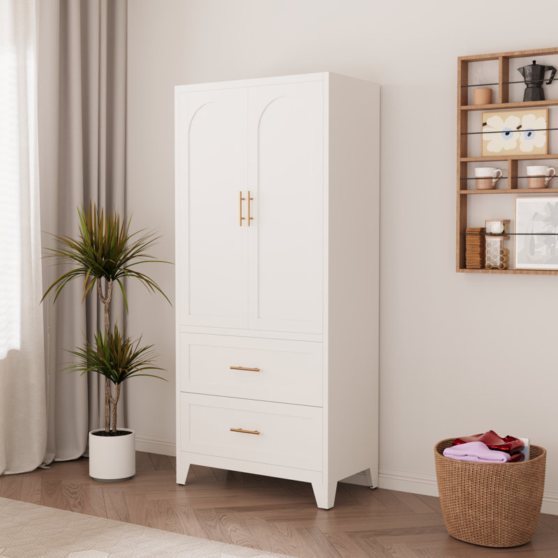 Armoire-penderie moderne en acier avec 2 tiroirs et tringle à vêtements, Blanc