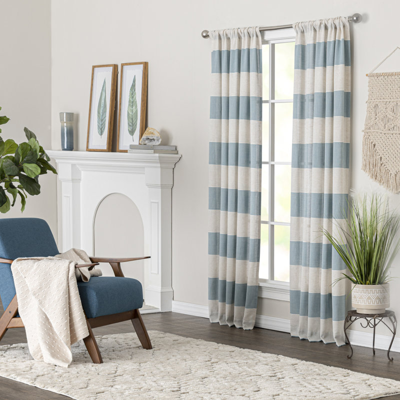 Beitnes Polyester / Linen Room Light-Filtering Horizontal Stripped Curtain Panel with Rod Pocket Top, 50" W x 63" L, Teal