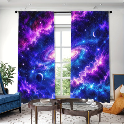 2PCS Galaxy Space Universe Curtains with Moon and Stars, Cosmic Nebula Print for Room, Vivid Swirl Design, Thin Light Filtering Window Panels, Easy Rod Pocket Home Bedroom Decor