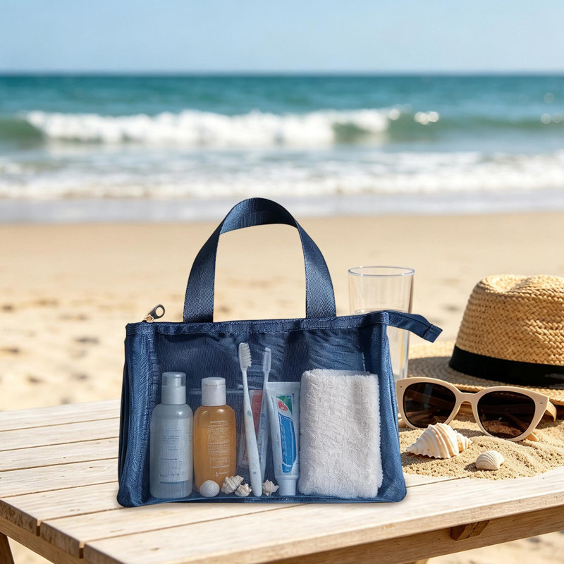 Panier de rangement en tissu, pochette de toilette portable en filet, sac de voyage transparent à plusieurs compartiments pour cosmétiques et passeports