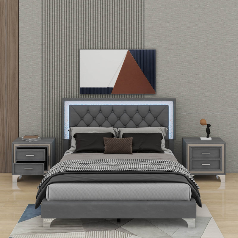Ensemble de chambre à coucher 3 pièces, grand lit plateforme tapissier avec lumières DEL et 2 tables de chevet