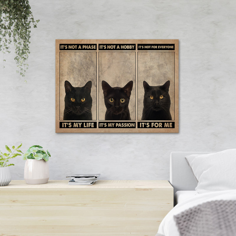 Trois chats noirs sur fond brun - It's Not A Phase It's My Life… - 1 pièce, reproduction d'art graphique sur toile tendue