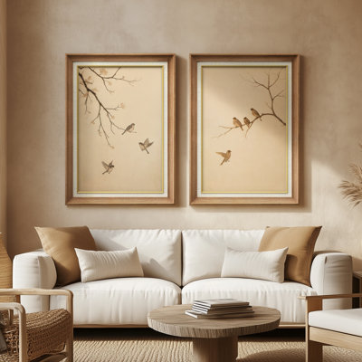 Soft Neutral Bird Branch Silhouette Minimal Rustic - Set of 2 Premium Framed Wall Art Print on Paper 26"x36"