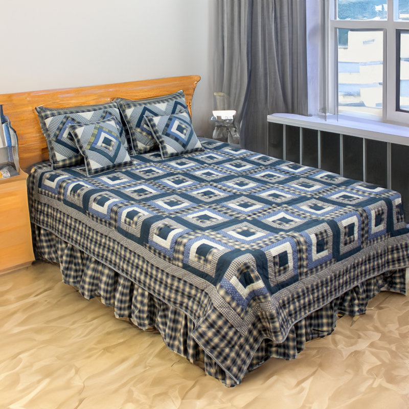 Blue Log Cabin Rustic Cotton Patchwork Quilt, Full / Queen