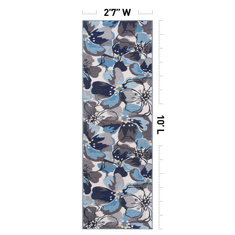 Tapis gris / argenté à poil long à motif floral Florentia, Tapis de couloir 2 pi 7 po x 10 pi