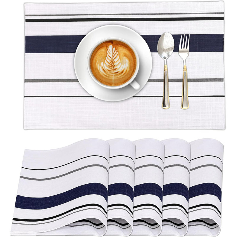 Ensemble de napperons de table de salle à manger 100% coton Placemats, À rayures, Blanc / Bleu marine