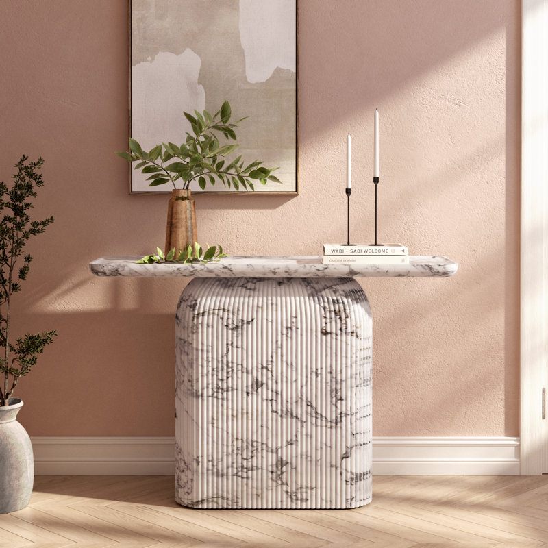 Capri Console Modern Hallway and Sofa Accent Table No Assembly Required Entryway with Ribbed Base, Faux White Marble