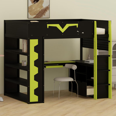 Pro-Gamer Loft Bed Featuring Integrated Workspace, Customizable LED Lights, Power Hub, Bookshelf, Pegboard And Storage Solutions