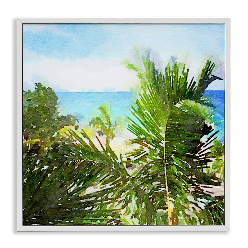 «Palm Leaves over Beach», estampe numérique encadrée par Nola James, Estampe numérique encadrée blanc bord de mer