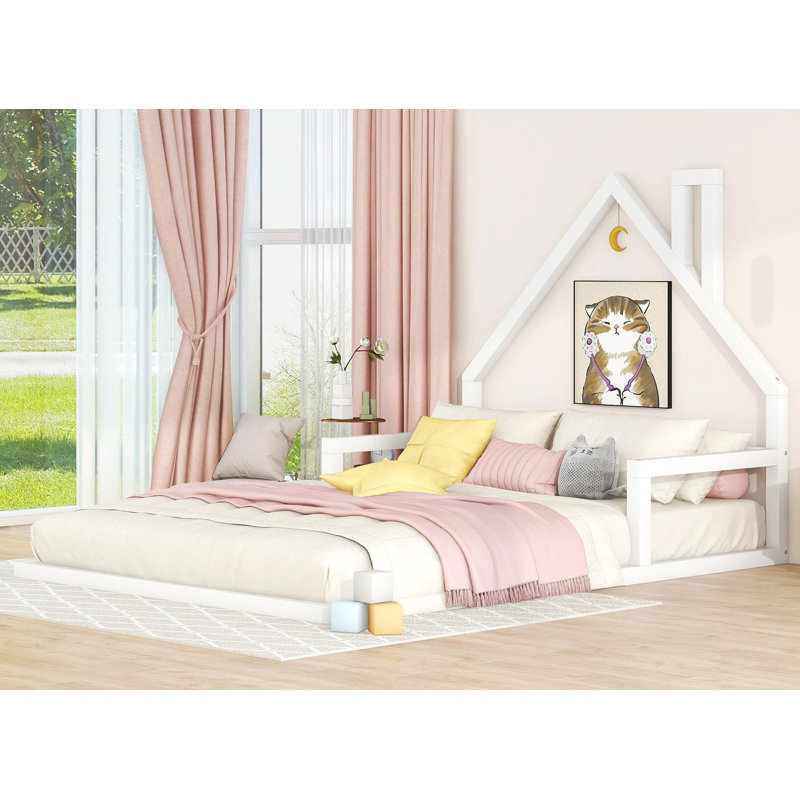 Lit double en bois avec tête de lit en forme de maison, blanc, Lit double
