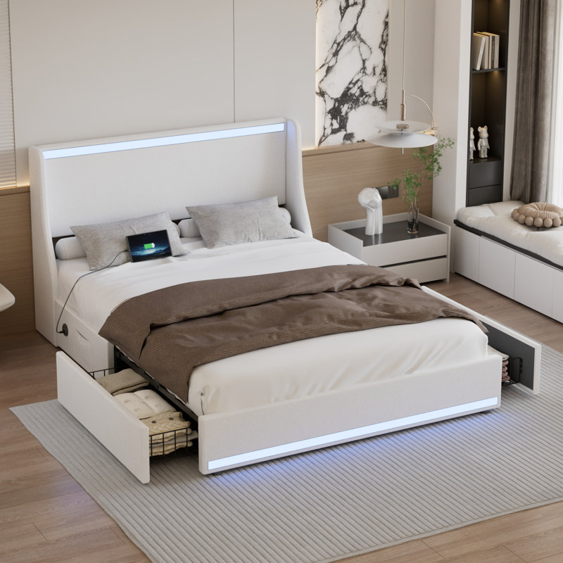 Grand lit plateforme de rangement avec station de charge et lumières à DEL RVB Smart Control, cadre de lit tapissier blanc avec tiroirs de rangement, ports de chargement USB et Type-C, tête de lit rembourrée en lin doux, 2 tiroirs de rangement sous le lit, aucun sommier nécessaire