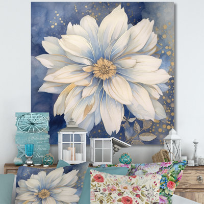 «Elegant White Chrysanthemum On Retro Blue», reproduction sur toile