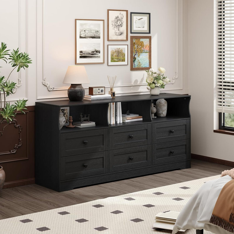 6 Drawer Dresser for Bedroom with Power Outlets & LED Light, Slim Wooden Chest of Drawers with Open Shelf, Space Saving Skinny Dresser for Nursery, Apartment, Closet Organization