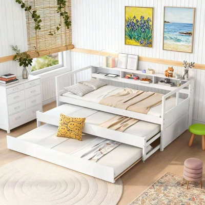 Twin XL Wood Daybed with 2 Trundles, 3 Storage Cubbies & USB Charging Station, White Modern Sleeper with Built-In Light & Ample Storage (Mattress not included)