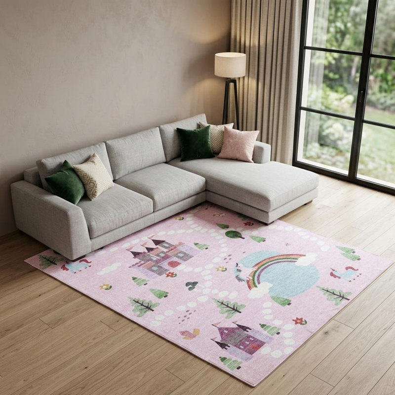 Tapis juvénile château et arc-en-ciel rose et blanc 8 pi x 11 pi