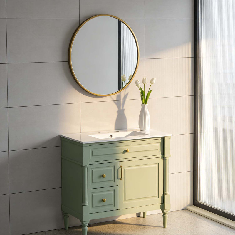 Meuble-lavabo élégant avec lavabo en céramique, tiroir rabattable, pour salle de bain moderne, Vert