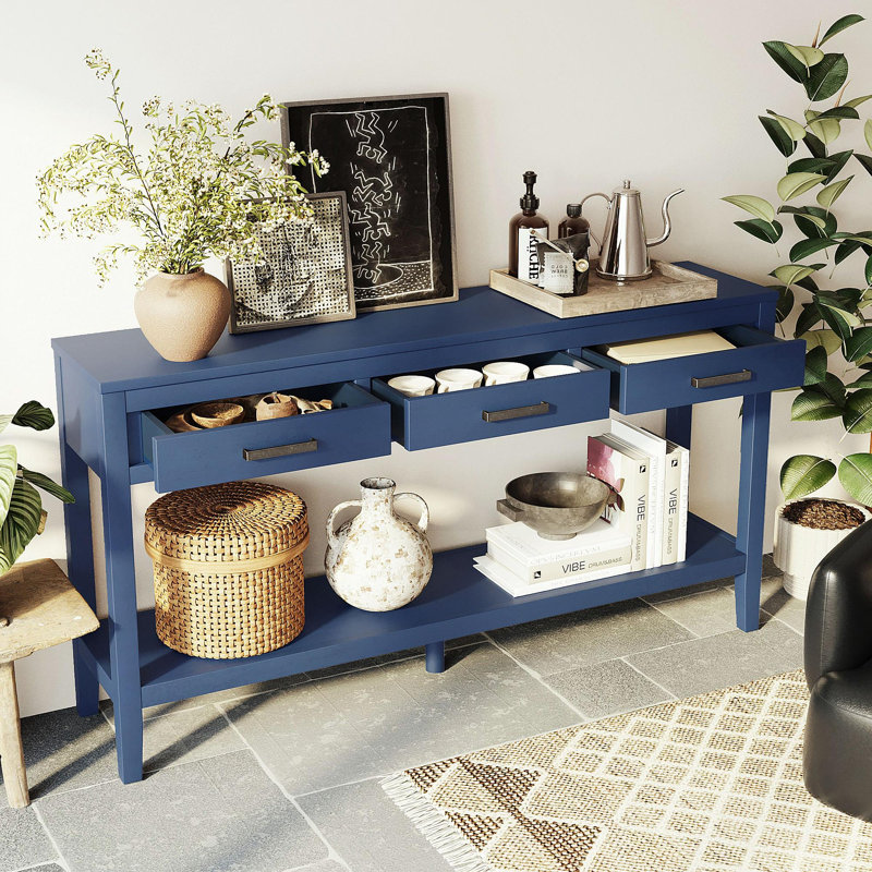Table d'entrée 62,2 po avec 3 tiroirs, console peinte avec tablette inférieure et poignées en fer, table minimaliste pour salon, couloir, cuisine, chambre à coucher, bureau