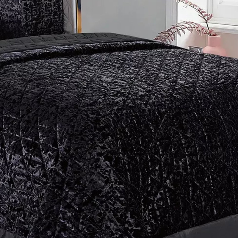 Velvet Plush Crushed Velvet Quilted Coverlet Set – Soft Microfiber Backing, King Bedspread + Pillowshams, Black