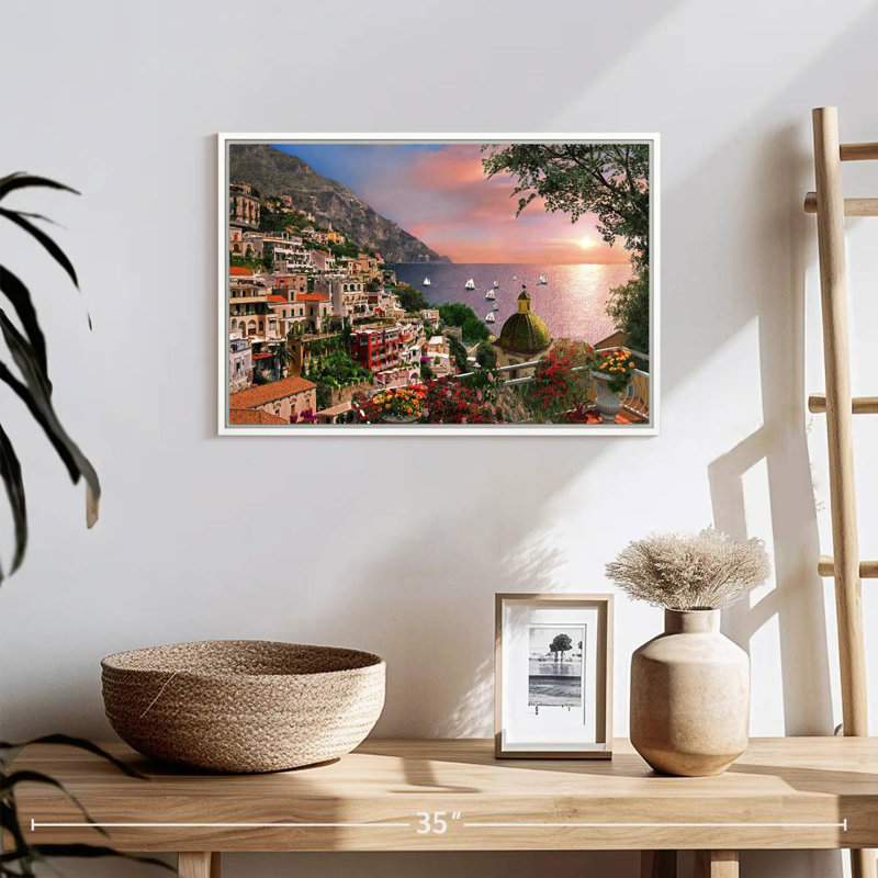 Bord de mer Positano, 19 po x 13 po, Cadre flottant blanc