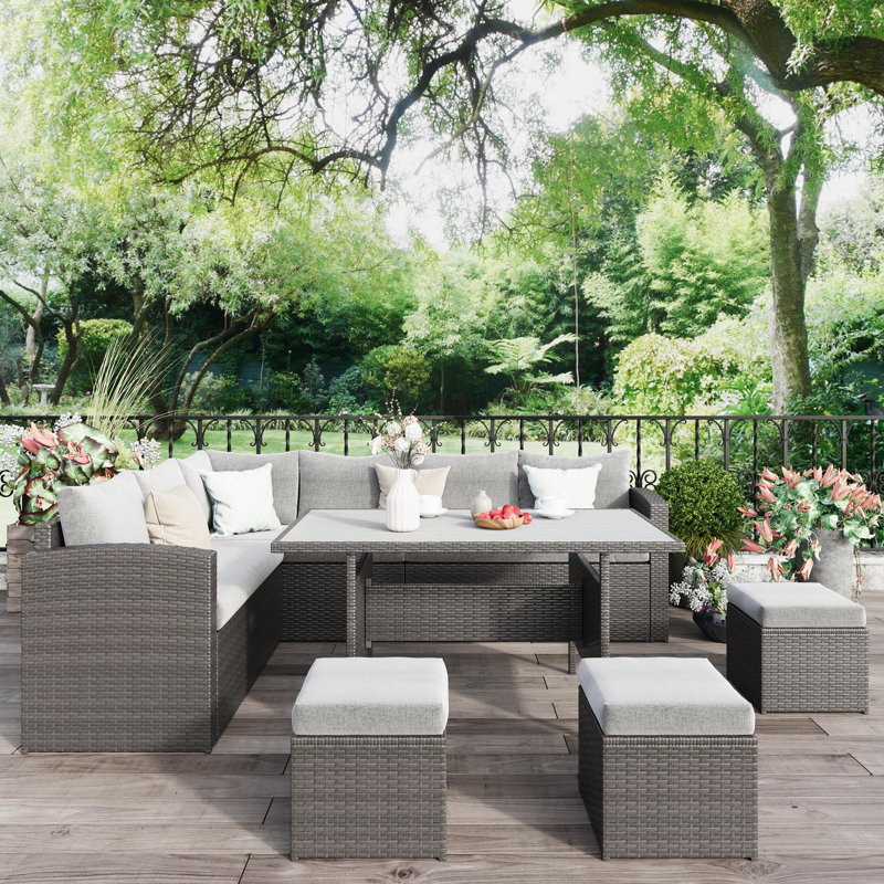 Cueva 7 Piece Rattan Sectional Seating Group with Cushions and Storage, Brown Frame/Gray Cushion