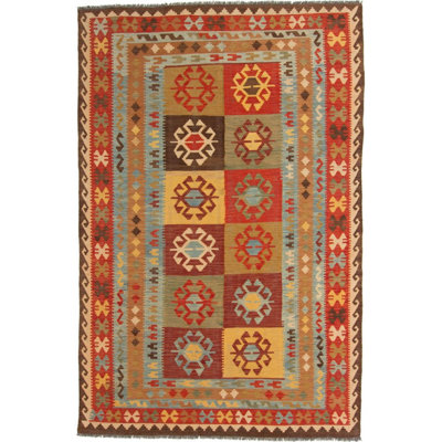Rectangle 198 cm x 303 cm Geometric Wool Hand Woven Kilim Area Rug