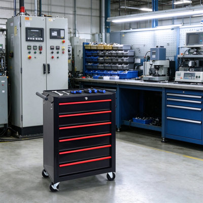 Coffre à outils noir en acier avec 6 tiroirs, armoire de rangement mobile en métal sur roulettes 20 po, glissières à roulement à billes, coffre à outils robuste pour atelier de garage