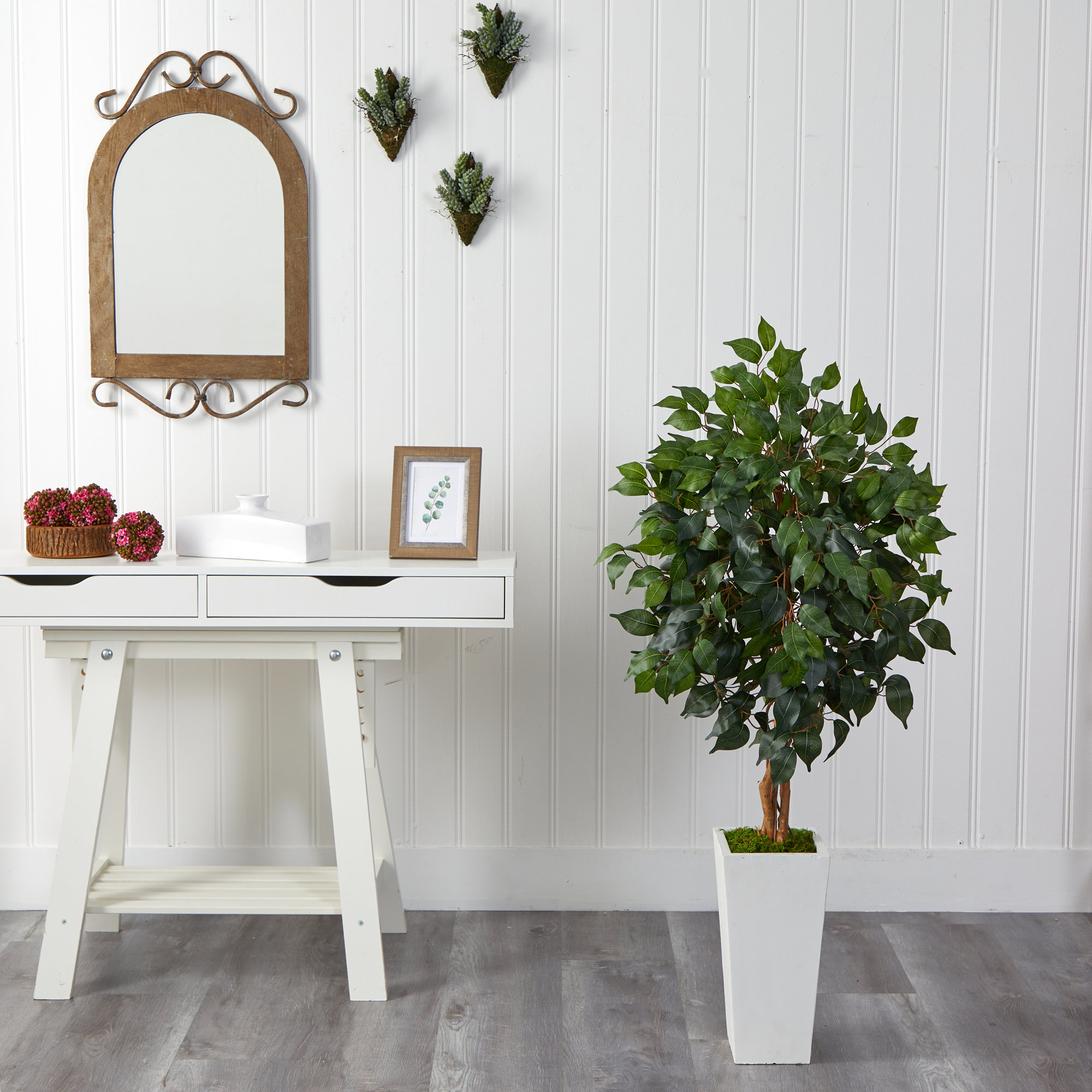 Faux Ficus Tree in Clay Planter, White, 48" H x 28" W x 26" D