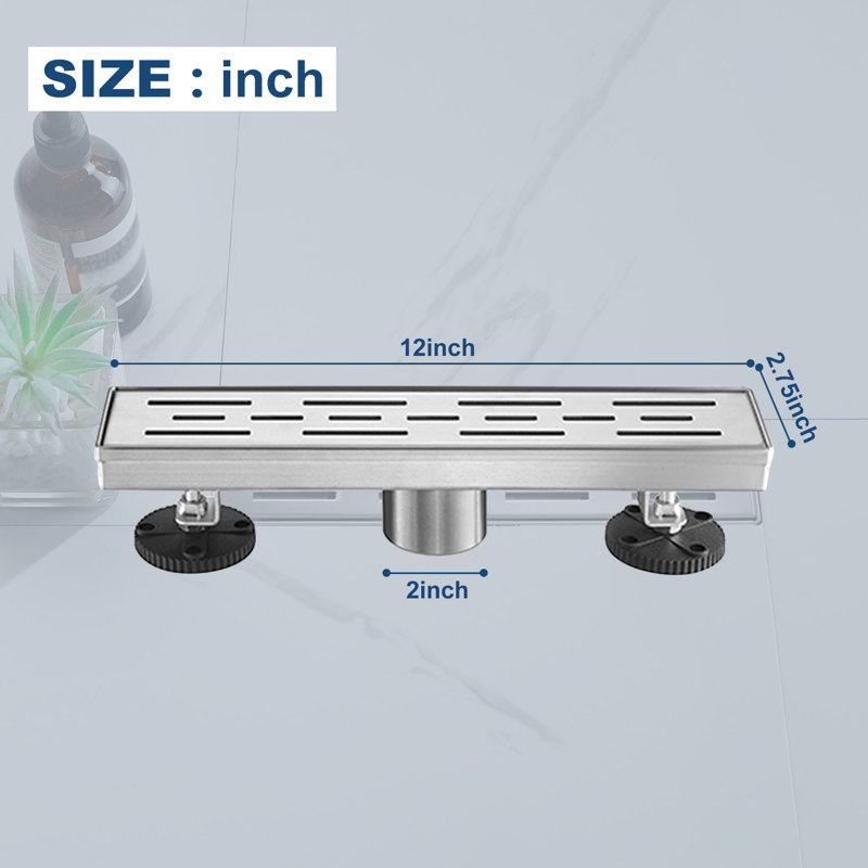 12 Inches Linear Shower Drain With Removable Bar Pattern Grate,linear Drain With Hair Strainer And Leveling Feet,stainless Steel,brushed Nickel