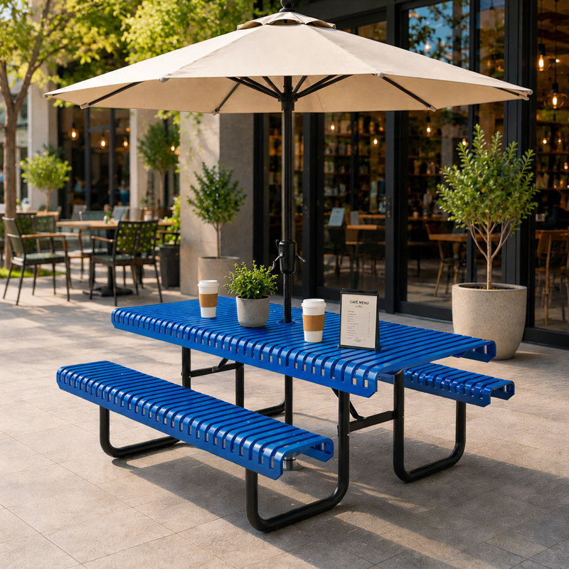 Tables de patio en métal bleu de qualité commerciale, table de salle à manger moderne en acier pour 6