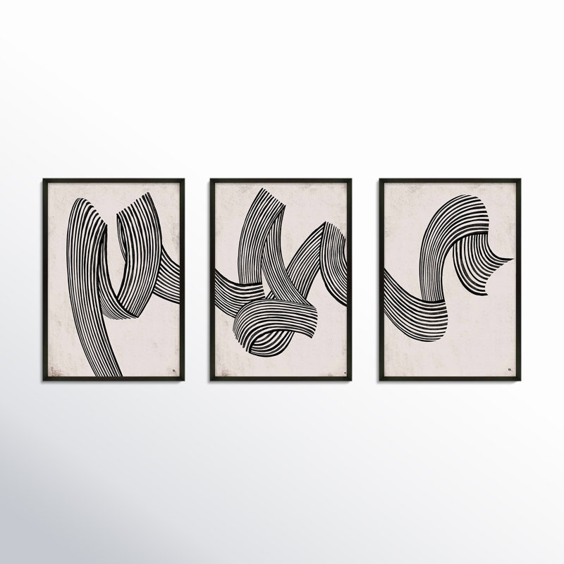Menton Linework by Studio M - 3 Piece Picture Frame Print Set, Black Framed, 30" H x 42" W x 1.25" D