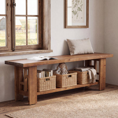 55 Inch Solid Wood Entryway Bench, Farmhouse Shoe Bench with Storage Shelf
