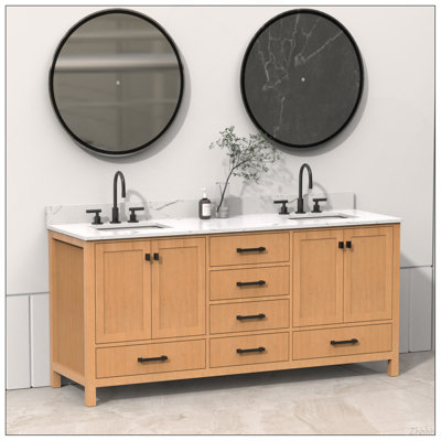 Meuble-lavabo 72 po, meuble-lavabo avec cadre en bois massif, comptoir autoportant avec double cuve en chêne naturel